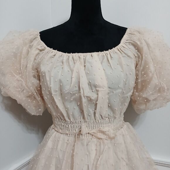 Women's Champagne Swiss Dot Puff Sleeve Babydoll Mini Dress Size L New - Picture 2 of 8